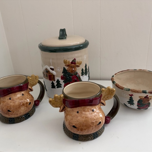 Vintage Other - St. Nicholas Square Christmas Set Festive Reindeer Moose Mug and Cookie Canister